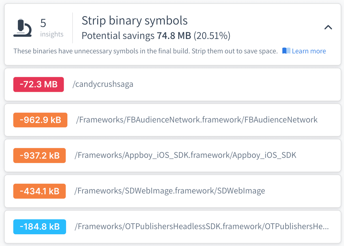 Image Candy Crush Saga has 74.8 MB of binary symbols
