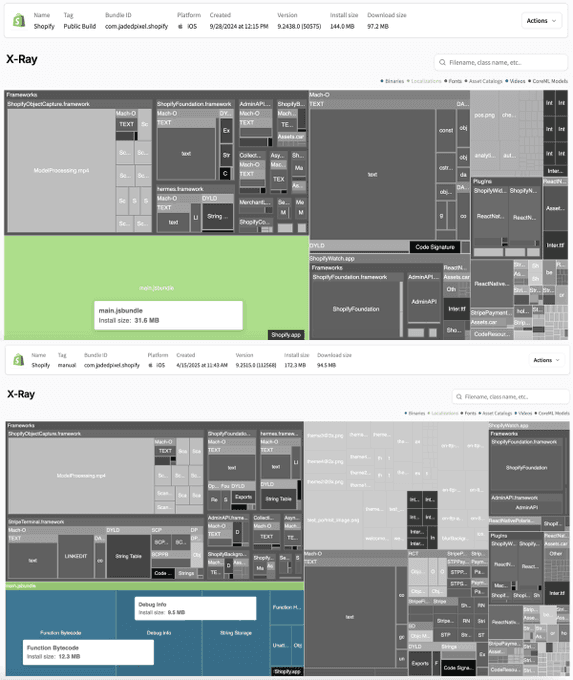 Screenshot of Size Analysis Insight for hermes bytecode stripping