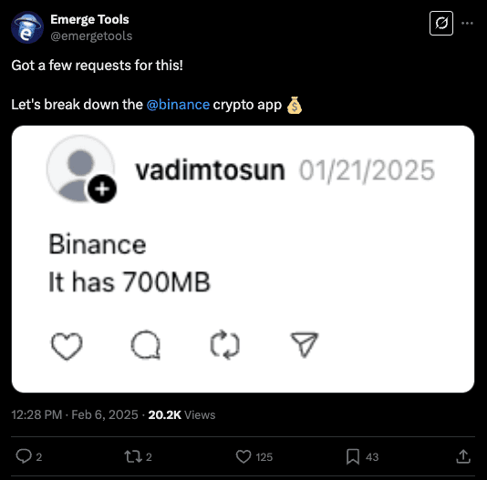Screenshot of Binance app size analysis