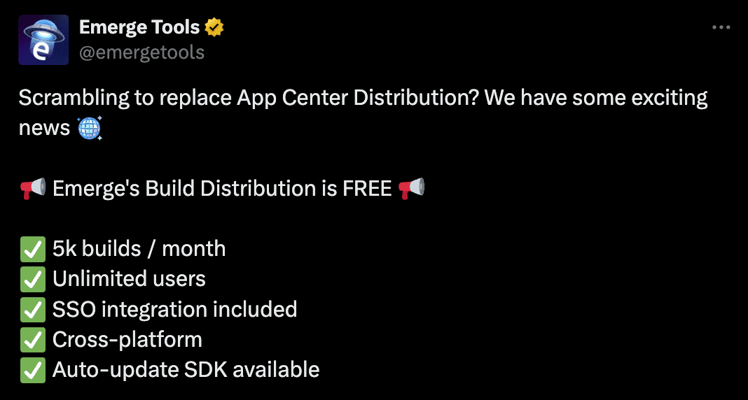 Screenshot of build distribution tweet announcement