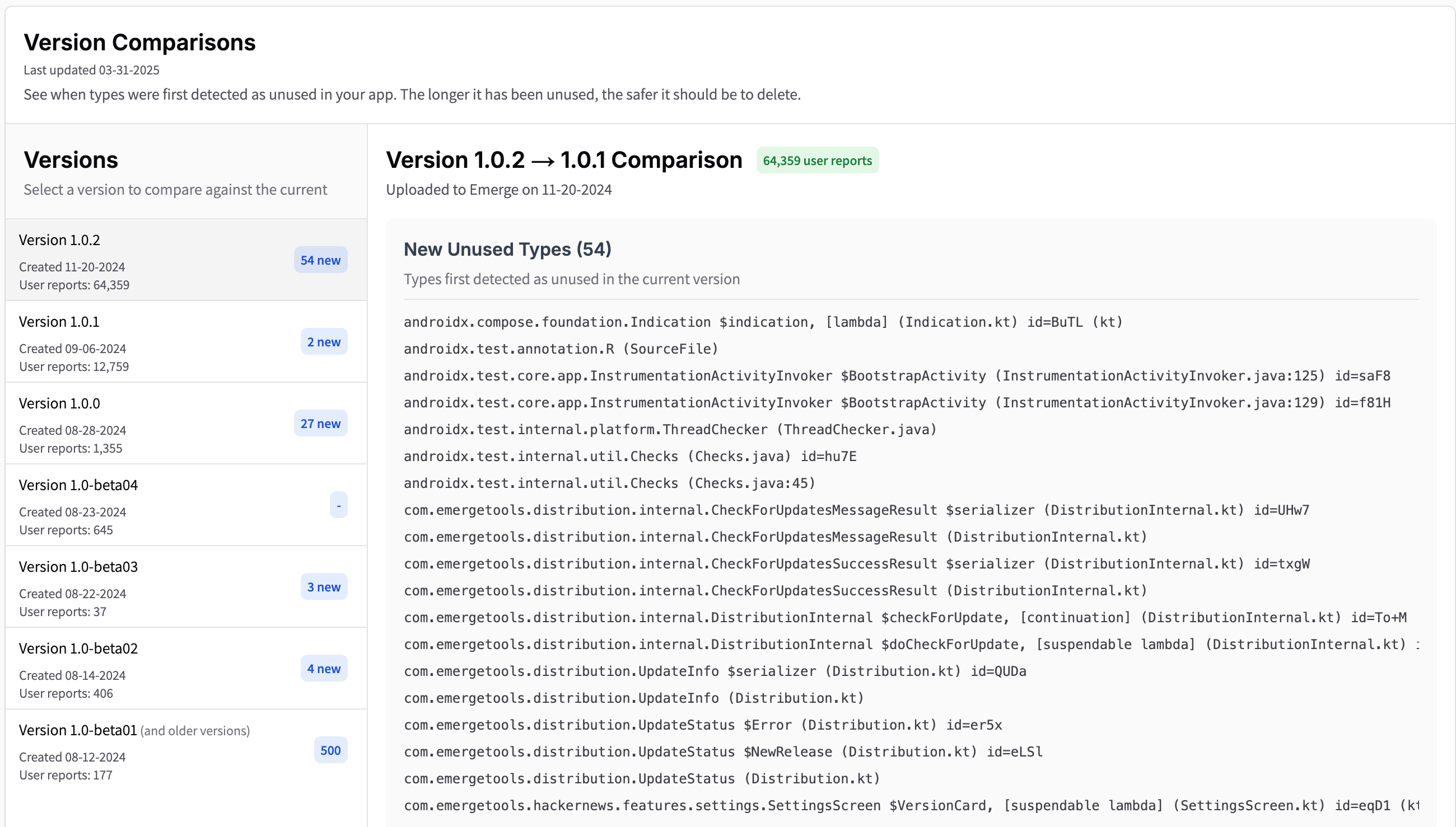 Screenshot of Reaper version comparison feature